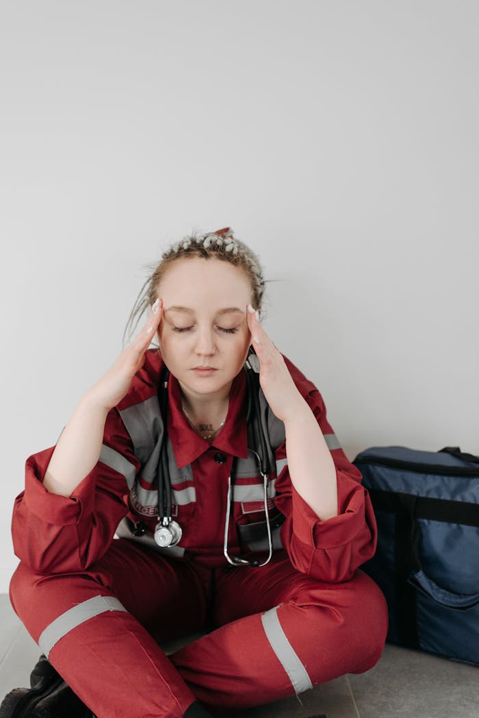 about-02 Tired paramedic in uniform sitting on floor, indicating stress and fatigue.
